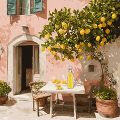 A sunlit Mediterranean courtyard with a lemon tree full of ripe fruit, a rustic table set with fresh lemons, and a tall bottle of olive oil. The image has a charming, vintage, Tuscan feel — ideal for 