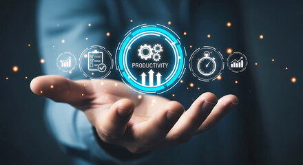 Digital transformation technology and business process icons floating above hand