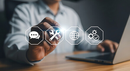 Business professional interacting with digital technology icons