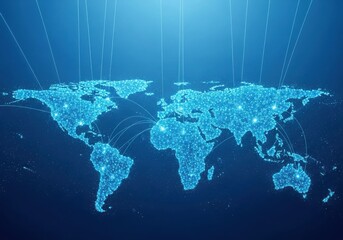 Digital world map made of glowing blue particles and lines
