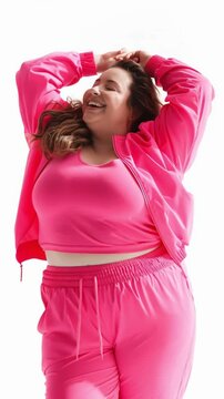 happy woman in pink neon sport outfit is moving with energy; studio shot; she is isolated over white background