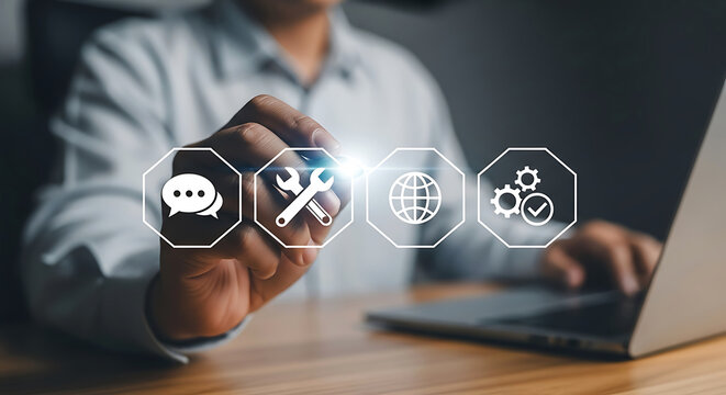 Business professional interacting with digital technology icons