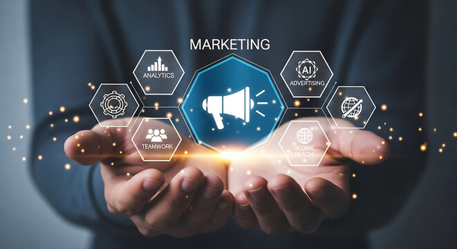 Hands holding digital marketing icons with a megaphone at the center
