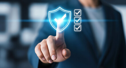Person touching a glowing shield with checkmarks for security and compliance