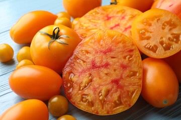 Many ripe yellow tomatoes on light blue wooden table, closeup