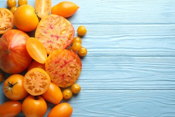Many ripe yellow tomatoes on light blue wooden table, flat lay. Space for text
