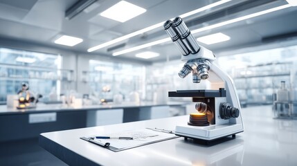 Fototapeta premium A high quality microscope on a white countertop in a modern laboratory, illuminated slide with biological samples,
