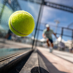 This action-packed close-up captures the dynamic moment when a padel ball strikes the glass wall during a game. The neon yellow ball is in sharp focus, while the background featuring the player is blu