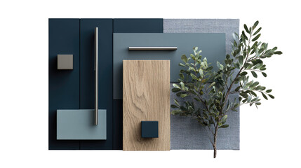 Geometric color swatches, wood, and greenery