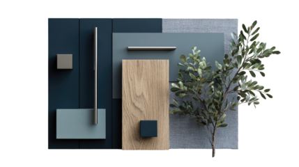 Geometric color swatches, wood, and greenery