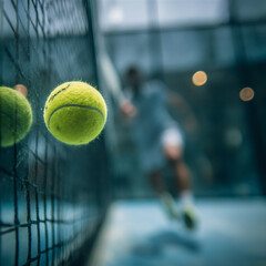 This action-packed close-up captures the dynamic moment when a padel ball strikes the glass wall during a game. The neon yellow ball is in sharp focus, while the background featuring the player is blu