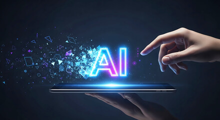 Human hand interacting with glowing ai symbol on a digital tablet