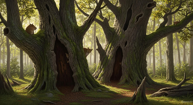 Enchanted Forest: Squirrels and Foxes in Hollow Tree - Powered by Adobe