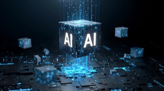 Glowing blue cube with AI text floats above digital circuit board, futuristic technology, artificial intelligence, innovation, data visualization, digital circuit, glowing blue, and modern data