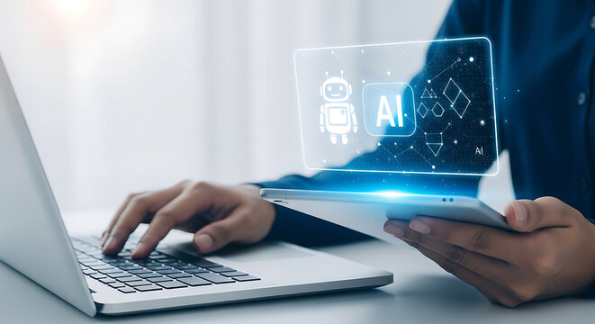 Man uses laptop and smartphone with futuristic digital interface