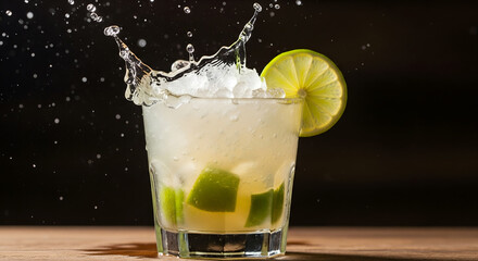 Refreshing caipirinha cocktail with lime and ice splashing in a glass