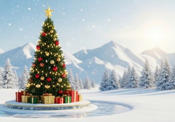 Beautifully decorated christmas tree stands tall in snowy mountain landscape with gifts below illustration