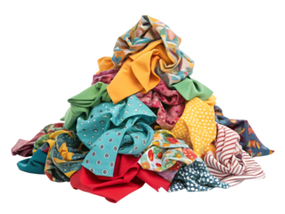 Colorful Fabric Scraps in a Messy Pile Various Prints and Patterns Bright Yellow Orange Red Green Teal Blue and Pink Textiles isolated on a transparent background