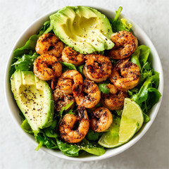 A healthy and colorful shrimp salad bowl filled with grilled shrimp, fresh avocado slices, red onions, lime wedges, and a bed of greens. The image showcases freshness, nutrition, and gourmet simplicit
