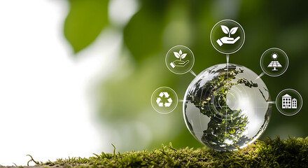 Global sustainability icons connected to a reflective earth globe