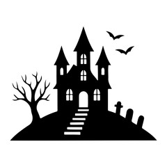 Silhouette of a haunted house on a hill with bats and tombstones in black and white