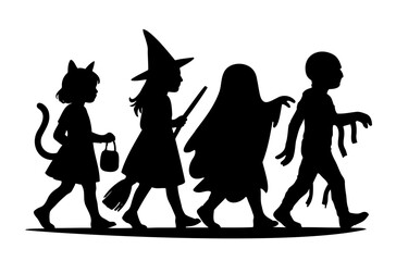 Silhouette of children trick or treating in halloween costumes walking together
