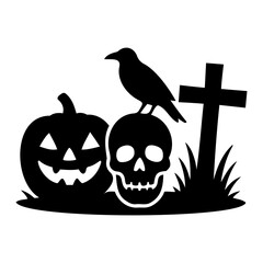 Silhouette of halloween scene with pumpkin skull crow and gravestone design art