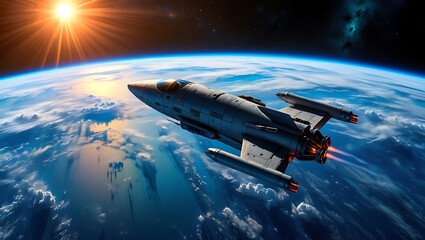 Obraz premium A futuristic spaceship travels through space, with the earth and the sun visible in the background