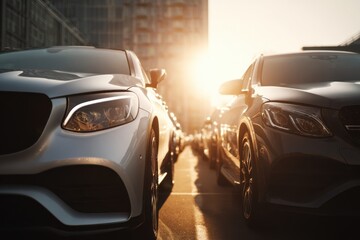 High-end cars parked in a straight row in city parking lot, close-up front perspective, glass office tower backdrop, sunny weather, modern urban automotive and luxury car culture concept