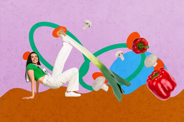 Composite image montage trend artwork 3D collage of young woman happy smile dance onion pepper mushroom chef delicious hungry food diet