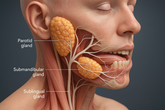 Salivary Glands Anatomy Illustration Showing Parotid, Submandibular, Sublingual Glands in Human Head, Illustration