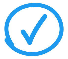 Blue sketch-style check mark in circle PNG with transparent background, casual icon for UI confirmation, success tasks, and feedback validation