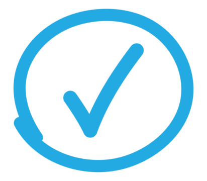 Light blue hand-drawn circular check PNG with transparent background, minimal flat UI icon for approved input, completed status, and feedback