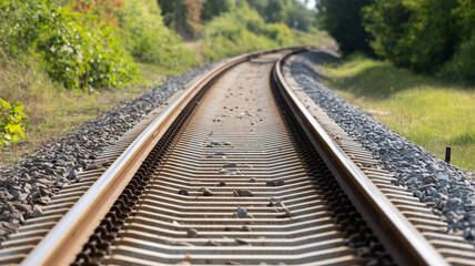 Curving railway tracks leading towards a scenic destination, evoking travel and exploration.