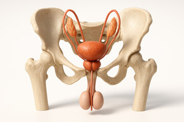 Male Reproductive System Anatomy Illustration showing bones, bladder, seminal vesicles, prostate gland, urethra, vas deferens, epididymis, and testicles