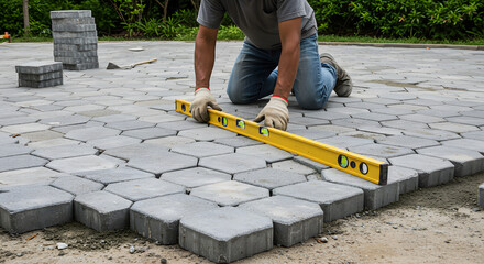 Construction worker using a level to ensure a perfectly flat surface while laying interlocking paving stones for a patio