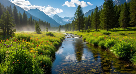 Serene mountain valley with a flowing stream and lush greenery under a blue sky