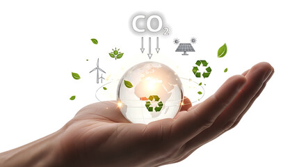 Hand holding a glowing orb with environmental icons and leaves