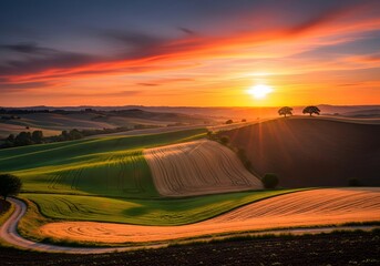 Fototapeta premium Sunset over the rolling hills of tuscany with a winding road and colorful sky at dusk