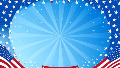 Patriotic design with American flags, stars, and confetti on a light blue background.