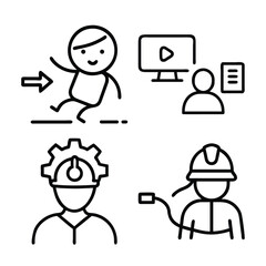 Four distinct line art icons depict a person entering, a person learning online, an engineer, and a firefighter, symbolizing various roles and actions.