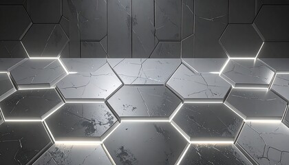 Hexagonal, metallic, gray tiles with illuminated edges.  A modern, industrial, abstract  interior