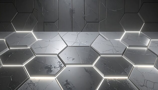 Hexagonal, metallic, gray tiles with illuminated edges. A modern, industrial, abstract interior - Powered by Adobe