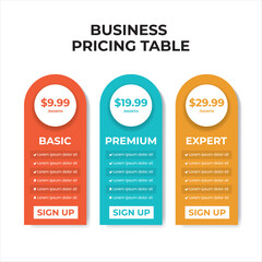 Modern Pricing Table Template, Colorful subscription pricing infographic for business plans.