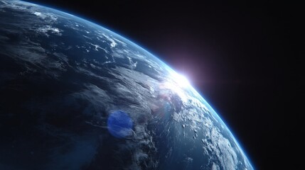 A breathtaking view of Earth from space showcasing the planet's curvature, sunlit horizon, swirling cloud formations,