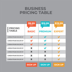 Pricing Table Infographic Template, Clean business pricing table design for plans and services.
