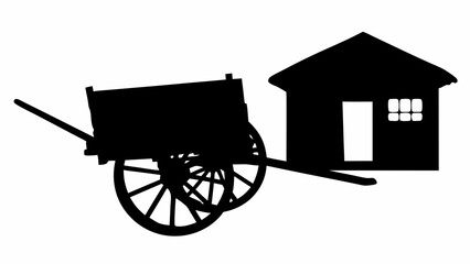 Fototapeta premium Silhouette of a wooden cart with large wheels and a small house with a door and window nearby shown