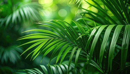 Obraz premium Lush palm fronds in a vibrant, tropical setting. Blurred background highlights the bright, green leaves
