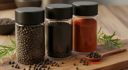 Three clear glass spice grinders filled with peppercorns and chili flakes on a wooden surface