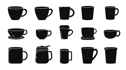 Collection of stylized black and white coffee mugs and cups set on a plain white background